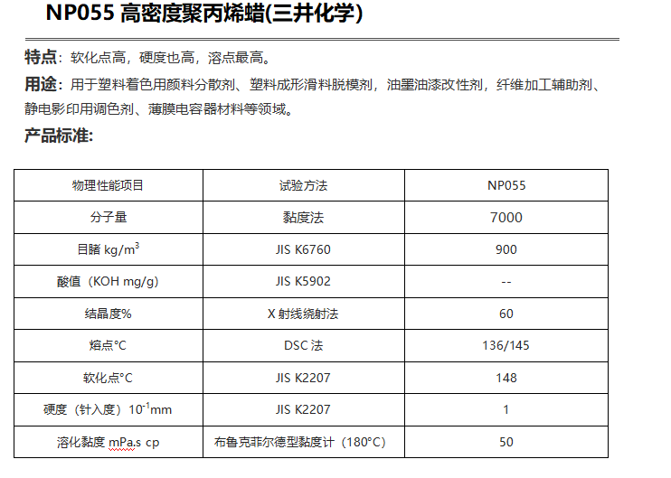 三井HI-WAX NP055高密度聚丙烯蠟( PP蠟NP055)